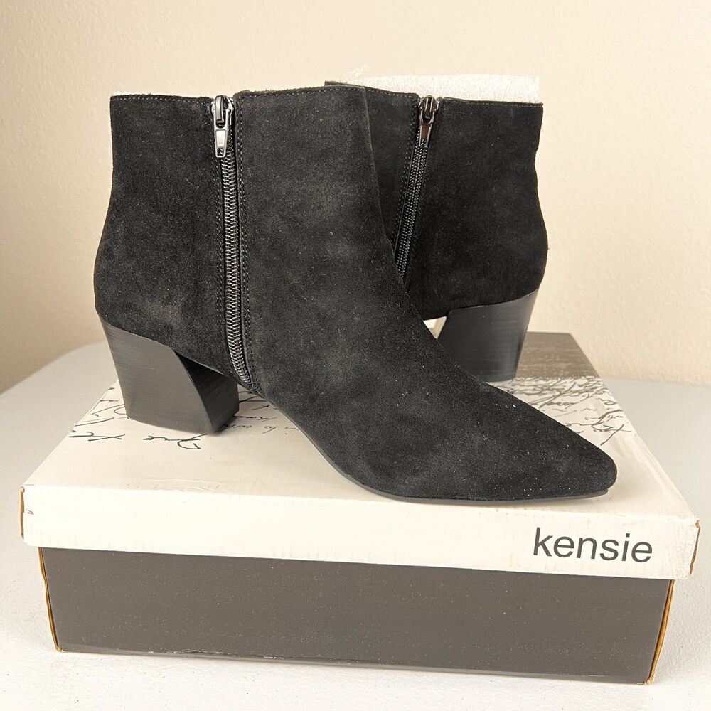 Kensie Lyden Black Suede Ankle Boots Womens 8.5 Block Heel Zip